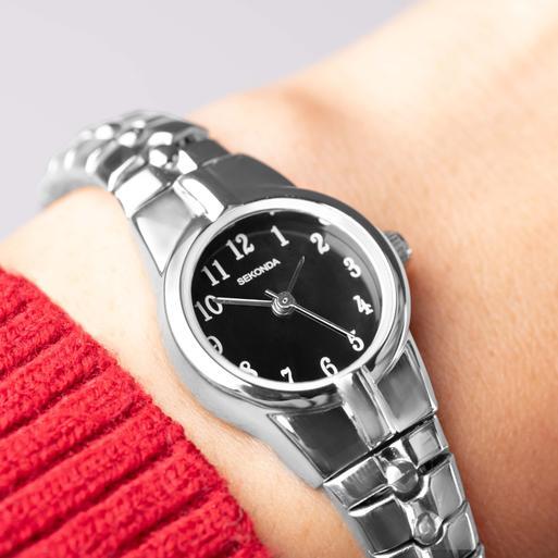 Sekonda Newton Ladies Watch | Silver Alloy Case & Stainless Steel Expander Bracelet with Black Dial | 40678