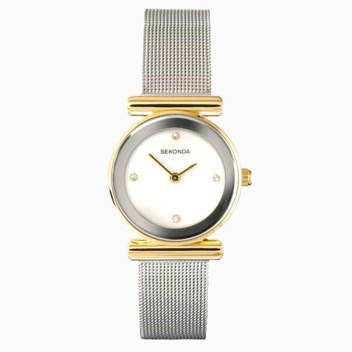 Sekonda Ava Ladies Watch | Gold Alloy Case & Silver Stainless Steel Mesh Bracelet with White Dial | 4887